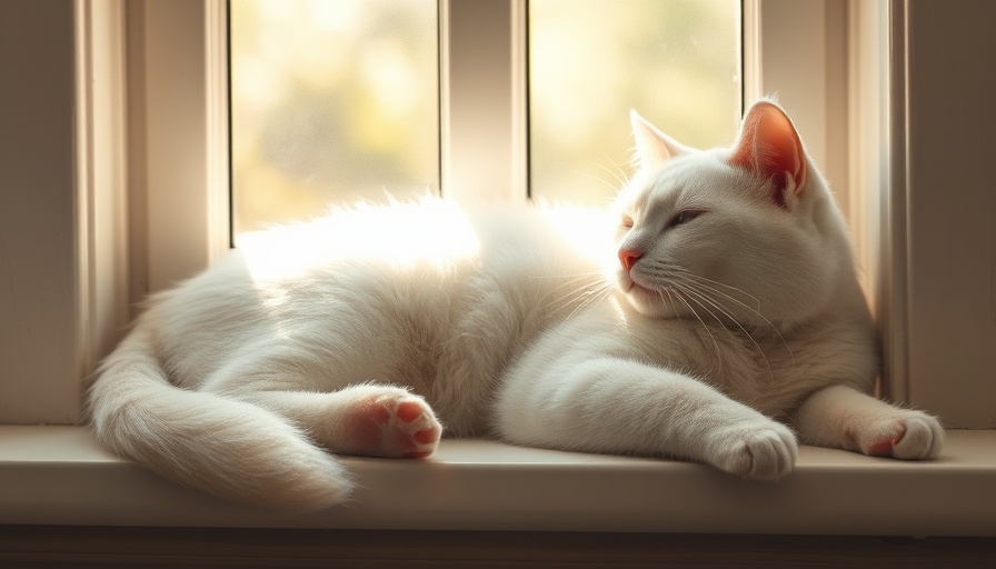 White cat lounging in sunlight on windowsill, serene expression.