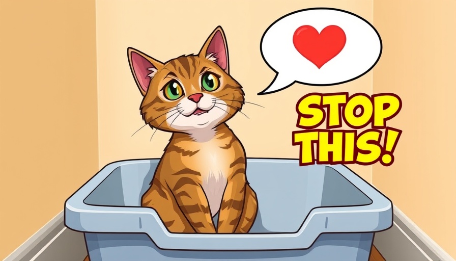 Tabby cat in litter box with STOP THIS! text, highlighting common mistakes.