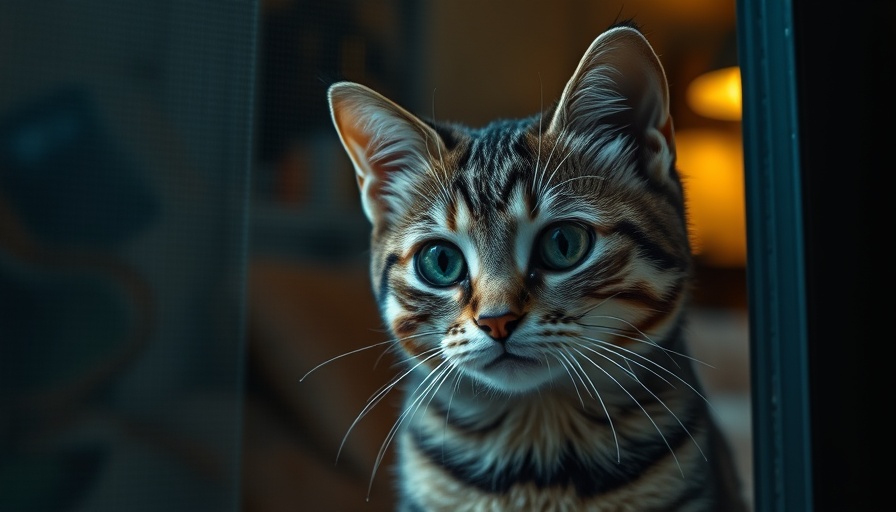 Emotional tabby cat looking through screen door, photorealistic.