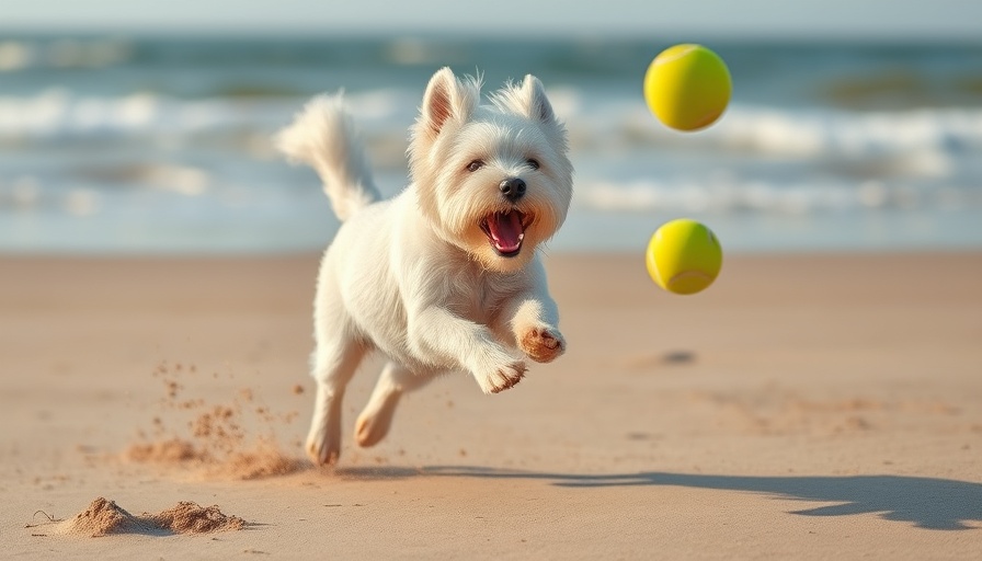 White terrier dog leaping for tennis ball on beach.