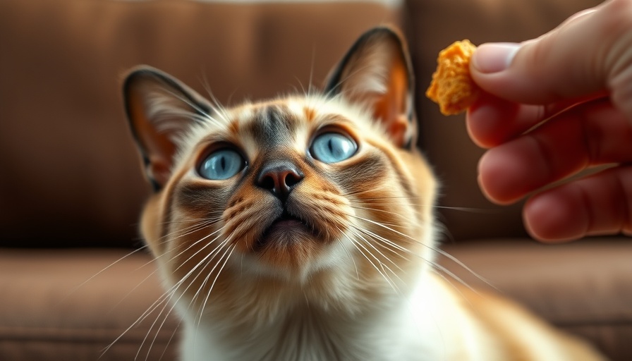 Cat clicker training: Siamese cat focused on treat indoors.