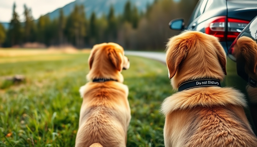 Golden dog observing car in a natural setting for travel safety.
