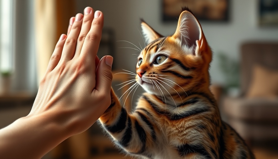 Bengal cat high-fiving a human hand indoors.