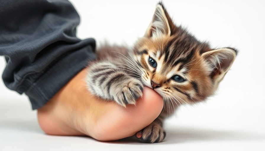 Playful kitten biting person's foot, how to train a cat not to bite.