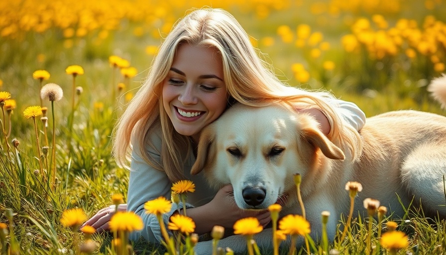 Woman hugging dog in dandelion field, make your dog smell good without a bath.