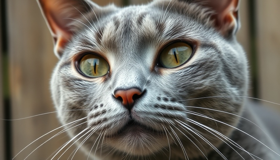 Gray cat with conjunctivitis, watery eyes, outdoors in natural light.