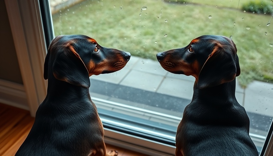Dachshunds indoors looking out rainy window, relevant to veterinarians and vet techs.