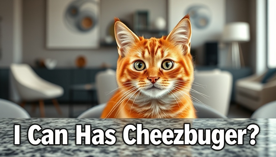 Ginger cat meme with text 'I Can Has Cheezburger?' in a modern home.
