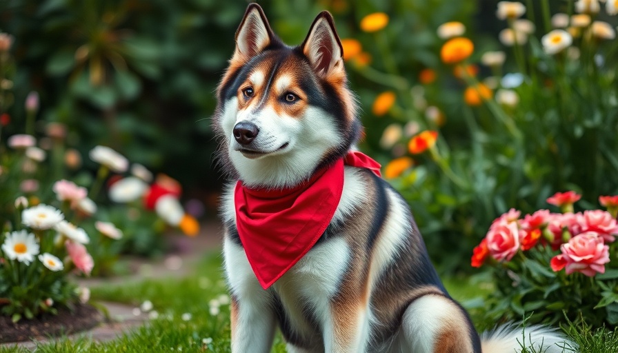 Dog resembling huskies sitting in garden with flowers, red bandana.
