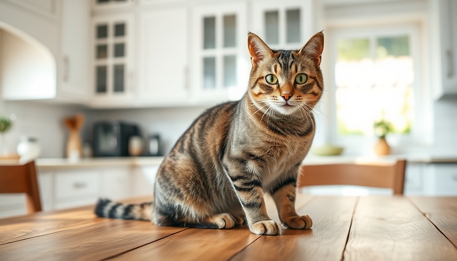 Tabby cat on kitchen table, bright kitchen background, natural light