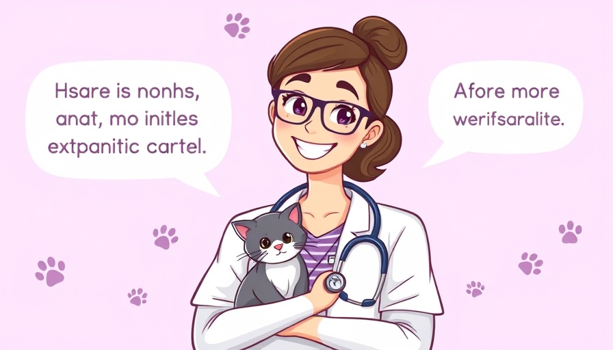 Veterinarian with a cat, text design, cartoon style.