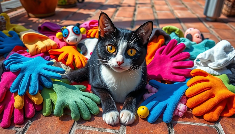 Juno the klepto kitty items and art on brick patio.