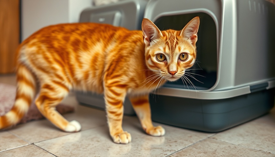 Curious tabby cat exploring litter box indoors, Litter Box Issues.
