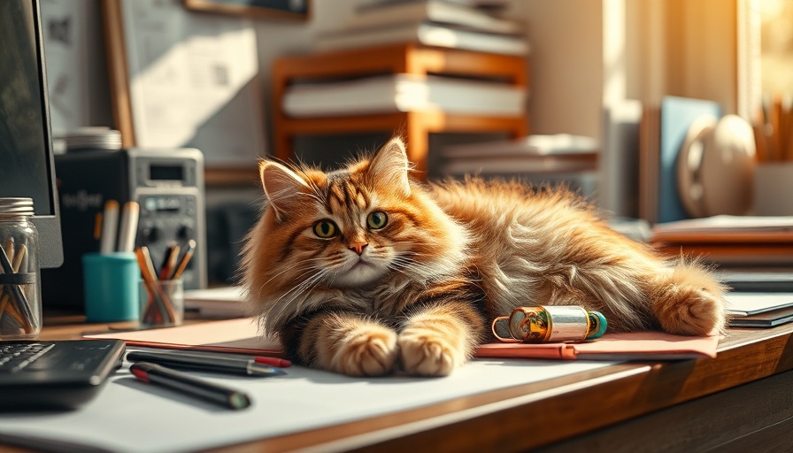 Amused cat on desk pondering human habits with warm lighting.