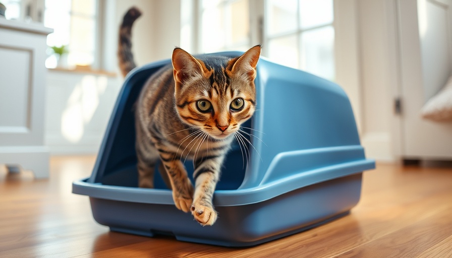 Tabby cat exiting litter box, illustrating cat behavior.