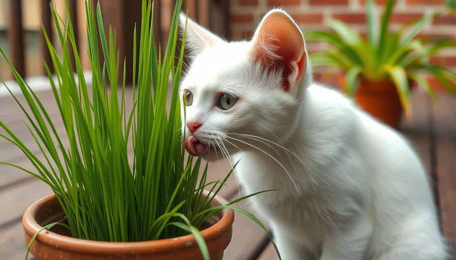 White cat and grass highlighting health benefits on a cozy deck.