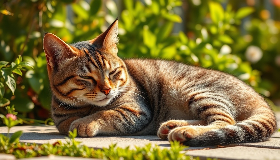 Serene tabby cat lounging in sunlit garden, warm light.