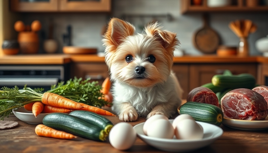 Fresh Food Diet for Pets: Dog with healthy food ingredients on table.