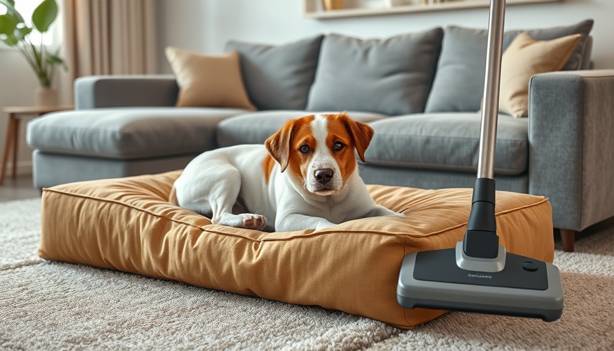 Dog resting on bed next to carpet cleaner in living room.