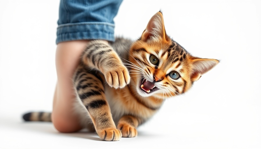 Tabby cat biting ankle as a sign of unlove, plain background.