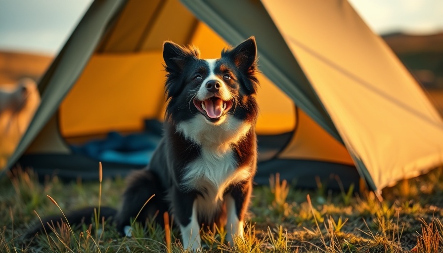 Cheerful dog sitting by tent at sunset, Camping with Dogs.