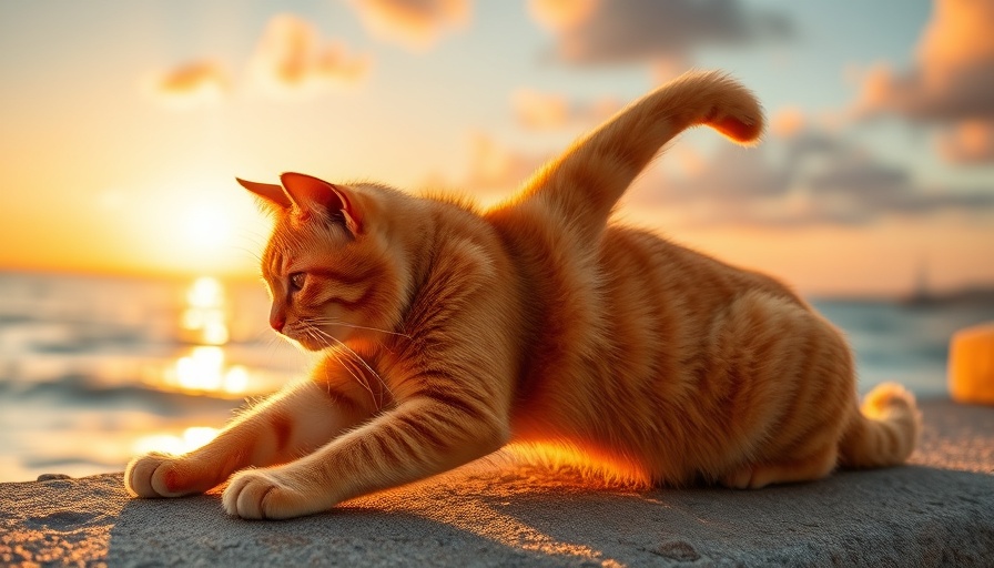 Ginger cat stretching by the sea at sunset, illustrating Can Cats Overheat?
