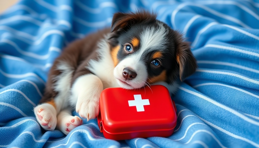 Border Collie puppy with first aid kit on blue blanket.