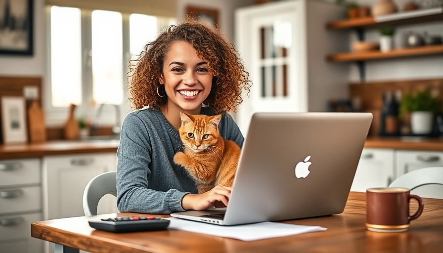 Smiling woman with cat researching pet insurance costs 2025 in cozy kitchen.
