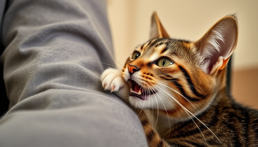 Signs your cat trusts you: playful tabby biting sleeve.