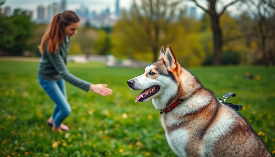 Woman teaching dog to stay in park, demonstrating command.