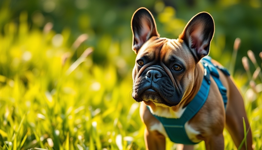 French Bulldog in harness on a sunny meadow hike.