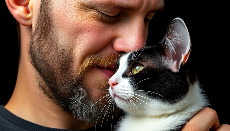 Man showing love to black and white cat by nuzzling. Ways to Tell Your Cat You Love Them.