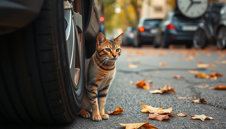 Alert tabby cat by a car tire, urban street scene.