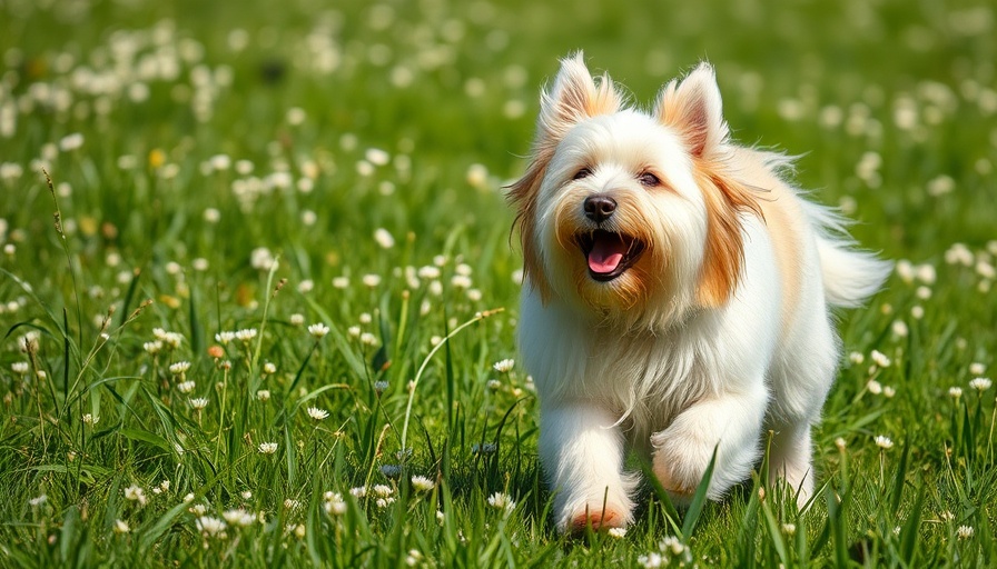 Fluffy Polish Lowland Sheepdog trotting in grassy field.