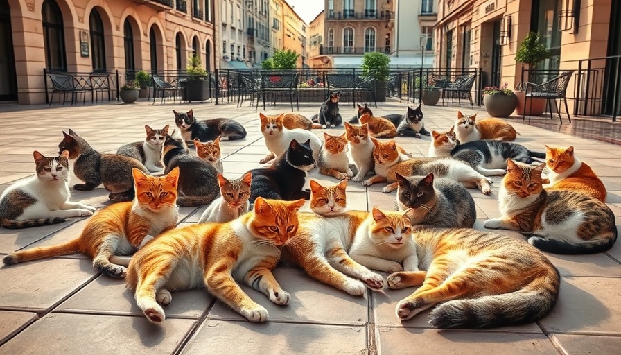 Cats lounging on patio for International Cat Day.