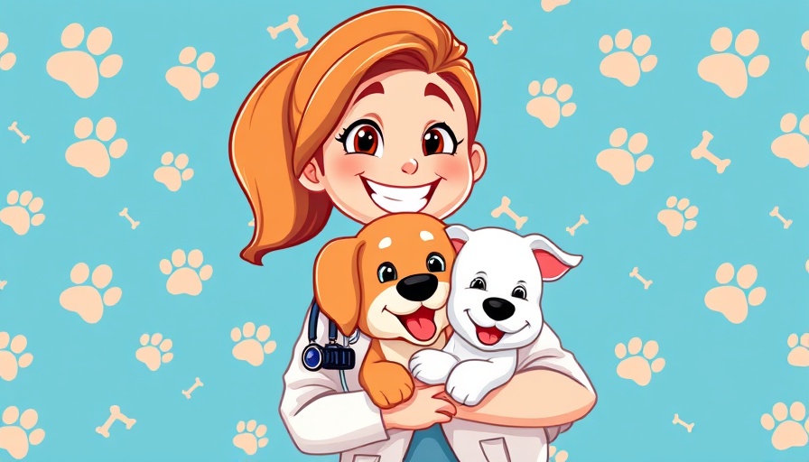 Veterinarian holding a fluffy dog in a cartoon-style promotional banner.