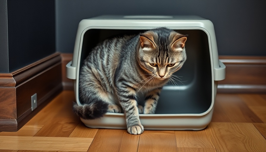 Gray tabby cat in litter box, struggling, cat can't pee.