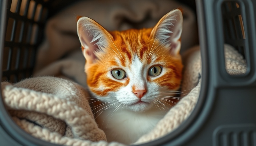 Orange cat in carrier, essential for emergency kit.