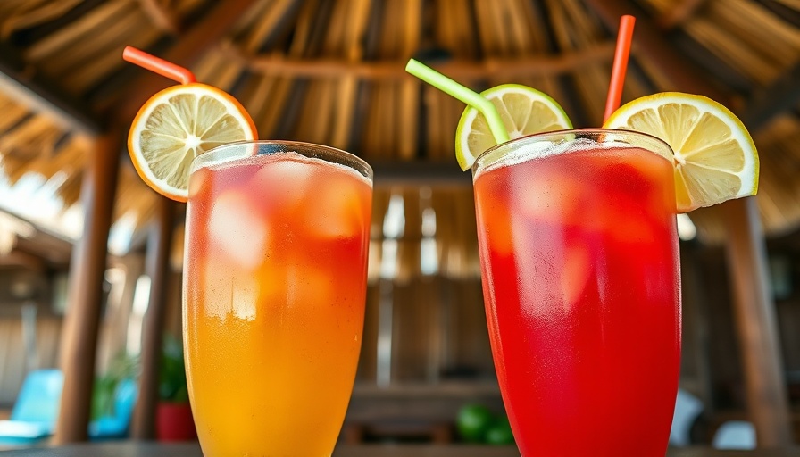 Miami happy hour guide: Bright tropical cocktails under tiki hut.
