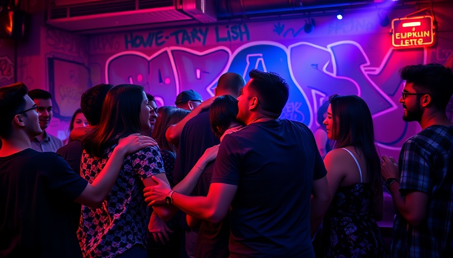 People embracing and smiling at a nightclub, Ryan Castro performance ambience.