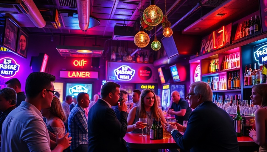 Vibrant Miami comedy event with people at a bar.