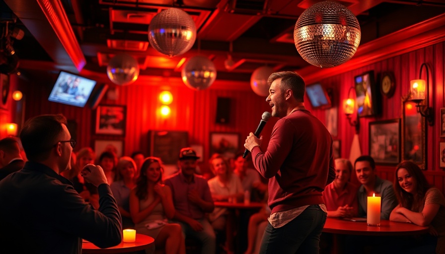 Comedian performing in vibrant Miami comedy show setting.