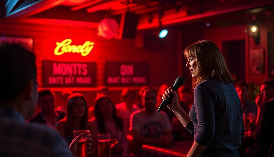 Female comedian performing at a vibrant Miami comedy show