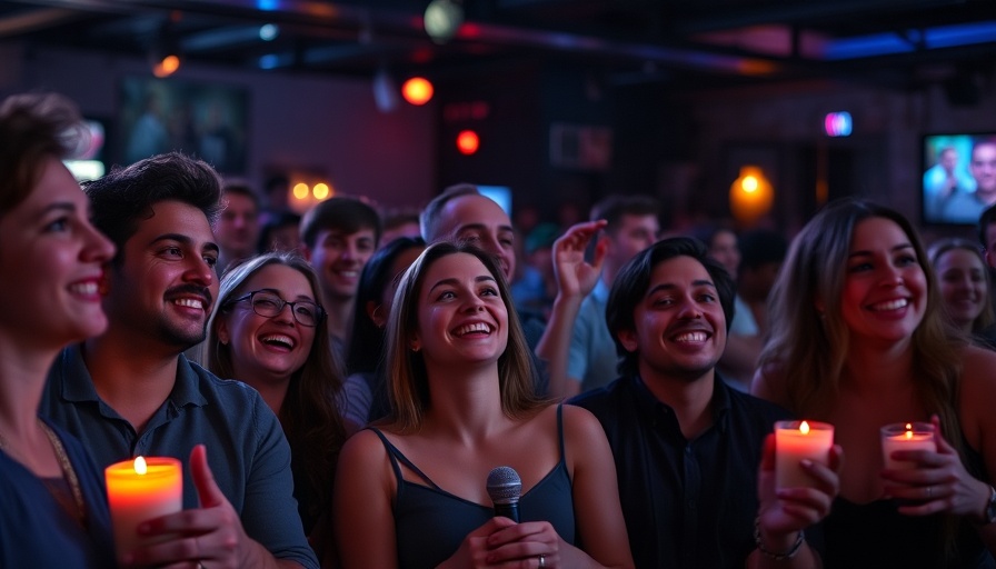 Lively Miami comedy show on Valentine’s Day with smiling audience.