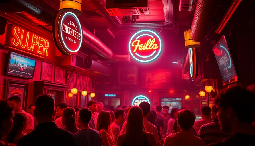 Lively Miami comedy show bar scene with neon sign.
