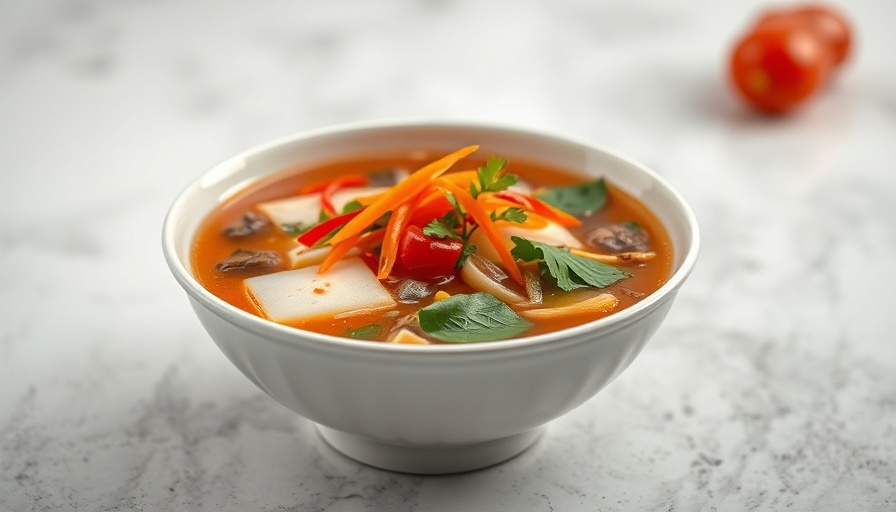 Vibrant vegetable soup in a gray bowl, Vietnamese fine dining.