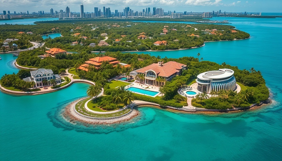 Aerial view of opulent Miami islands and skyline.