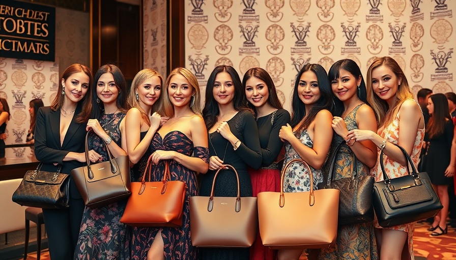 Luciano at Hyde Beach event with women showcasing designer handbags.