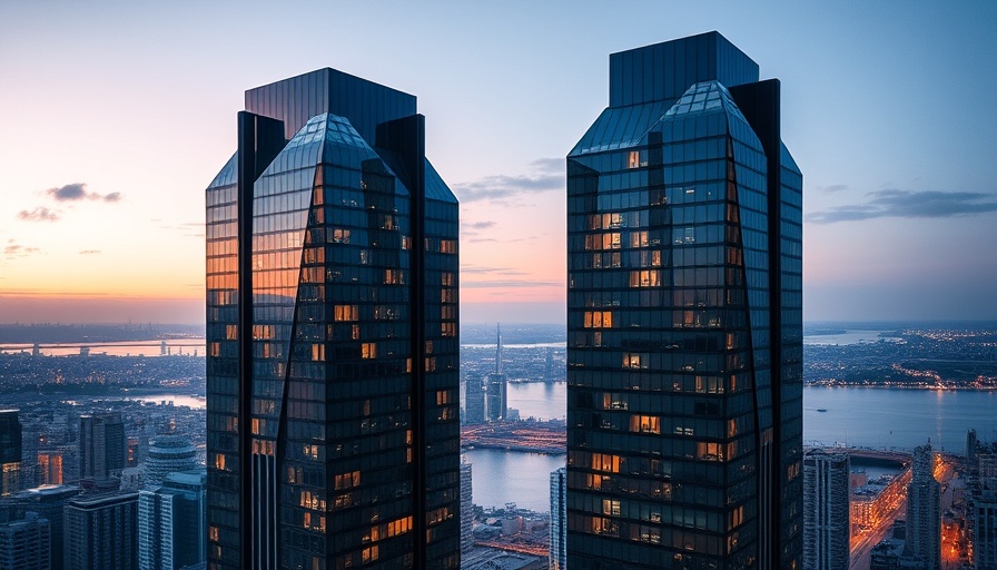 Modern skyscrapers at twilight, city views.