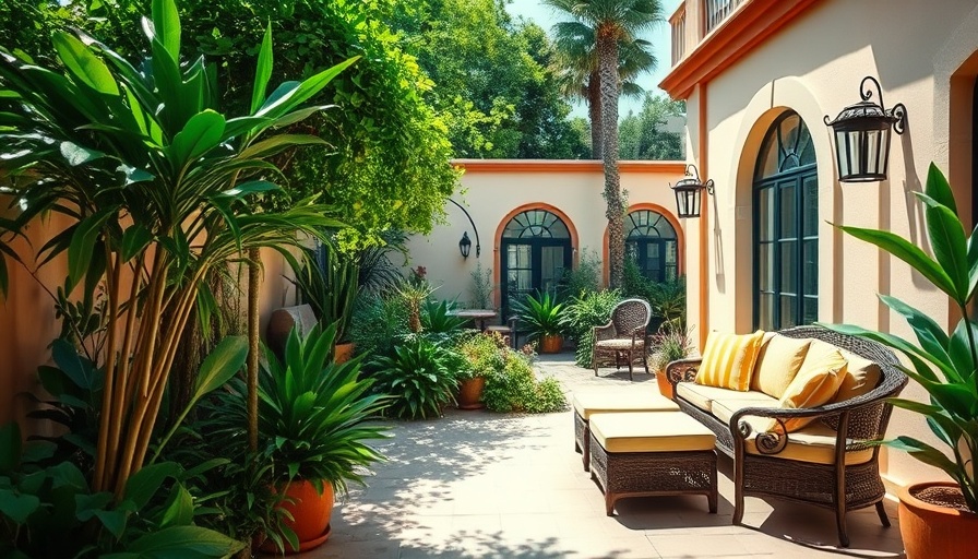 Serene garden patio at Kiki On The River Miami, vibrant greenery.